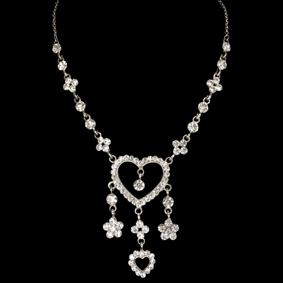 Vintage Silver Rhinestone Encrusted Heart with Charms Pendant Necklace - Picture 1 of 6